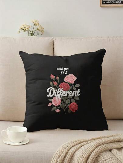 1件黑色背景花卉印花装饰枕套，家居装饰靠垫套，不含填充物，斋月、情人节礼物及装饰枕