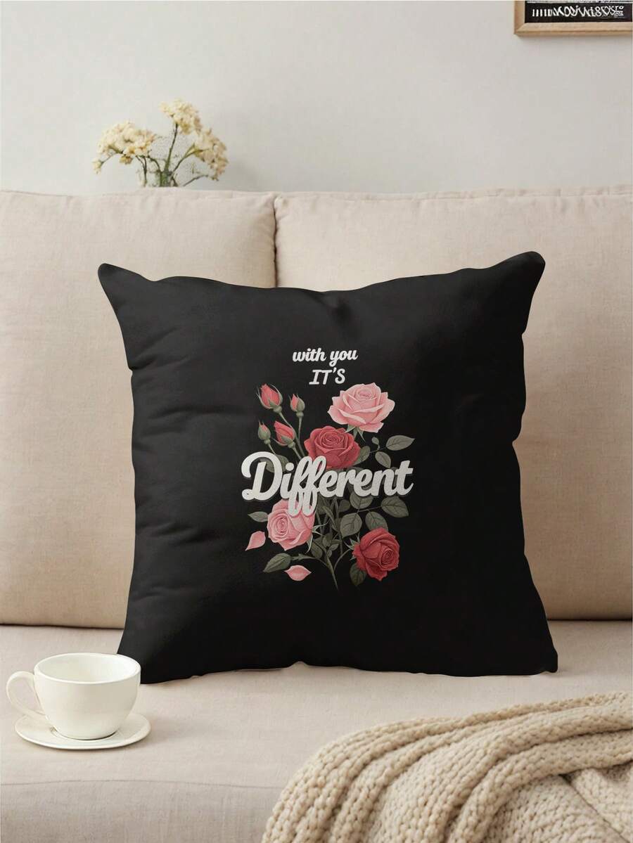 1件黑色背景花卉印花装饰枕套，家居装饰靠垫套，不含填充物，斋月、情人节礼物及装饰枕 - 彩色 - 查看 1