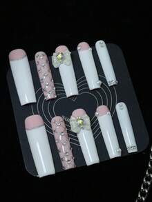 CrystalHola Valentine's Day Nails, 10 Pieces Of Handmade Fake Nails, Press-On Nails, French Tip Nails, Acrylic Nail Kit, Long Coffin Nails, White Nails With Nail Accessories And Bows, Glittery Holiday Nails, Cute Nails, Y2K Style, Suitable For Music Festivals And Parties, Everyday Wear, A Good Gift For Girls And Women, New Year Nails. Nail Supplies Handmade Press On Nails - Multicolor - View 14