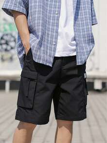 男士黑色工装短裤，带贴布装饰，多口袋设计，休闲户外街头风轻便耐穿夏季短裤 - 黑色 - 查看 3