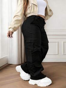 黑色纽扣口袋优雅休闲通勤简约可爱Y2K轻便大码工装裤，适合万圣节、教师节、毕业典礼、外出、度假、俱乐部、办公室、健身房、海滩、返校、生日派对、下午茶、旅行、乡村音乐节、机场、春季、夏季、秋季、冬季等各种场合。 - 黑色 - 查看 2