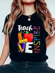 Plus Size Women Adorable Teacher-Themed Shirt For Women Featuring A Round Neck And Short Sleeves Perfect For Fashion-Forward Graphic Tee Lovers Oversized Girls Women Size L-3XL 4XL 5XL - màu đen - Xem 1