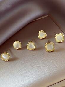 3对时尚几何猫眼耳钉套装，小巧可爱圆形、三角形、方形耳环，适合女性日常及节日佩戴 - 三件套 - 查看 6