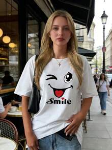 女士休闲卡通印花圆领白色短袖T恤，夏季上衣 - 白色 - 查看 10