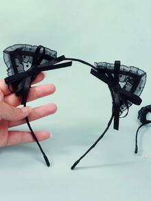 2pcs/Set Lolita Style Polka Dot Mesh Cat Ear Headband, Sweet Ribbon & Hollow Lace Photography Props - Black - View 6