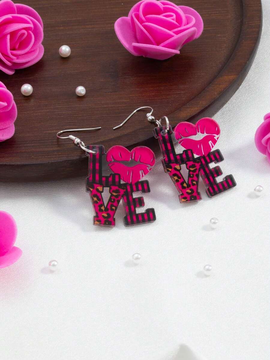 1 Pair Fashionable New LOVE Letter Heart Earrings, Leopard Print Lip Print Earrings For Women, Romantic Accessories, Personalized Earrings, Bridal Earrings