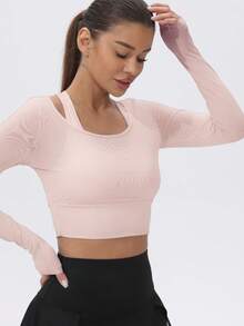 1pc Women Mesh Long Sleeve Cropped Yoga Active T-Shirt With Padded Bust - 粉色 - 查看 2