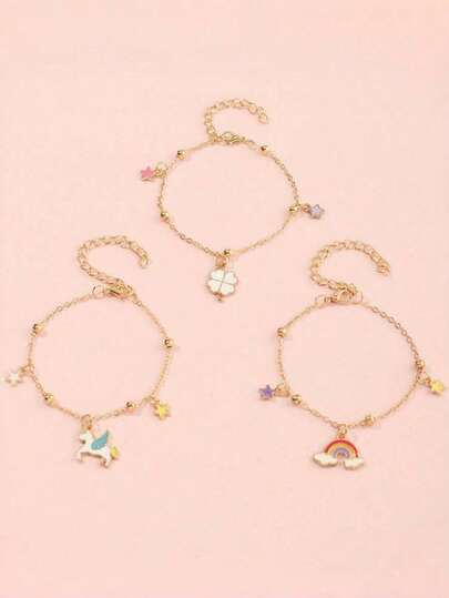 3Pcs Girls Bracelet Set Unicorn Rainbow Design For Students Daily Four Seasons Wear Cartoon Jewelry Gift