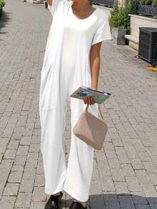 Women's Casual Solid Color V-Neck Pocket Short Sleeve Jumpsuits, Y2K Style Women's Clothing, Suitable For All Seasons, With Multiple Pocket Designs, Suitable For Outdoor Outfits, Cocktail Parties, Parties, Christmas, Nightclubs, Banquets Film Festivals, Cinemas, Balls, Cocktail Parties, Bars, Weddings, Graduation Ceremonies, Homecoming, Birthday Parties, Rebellious Girls, Festival-Themed Parties, Outings, Streetwear, Fashion Shows, Dates, Valentine's Day, Working Outside Universities, Schools, Villages, Concerts, Street Girls, Teenage Girls, Country-Style Women's Clothing, The Best Women For Outings, Ladies' Vacation Clothing, Country Concerts - 白色 - 查看 6