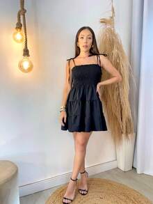 Women's Three-Tiered Dress With Lastex Fabric,  Style, Cool And Comfortable, With Elasticated Elastic And Adjustable Straps, Summer, Day & Night, Party, Beach, Fashion, Ruffled - 黑色 - 查看 5