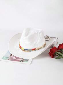 1pc Solid Color Bohemian Straw Hat, Casual, With Metal Decor Hat Band, All-Season Versatile Commuting - B - View 18