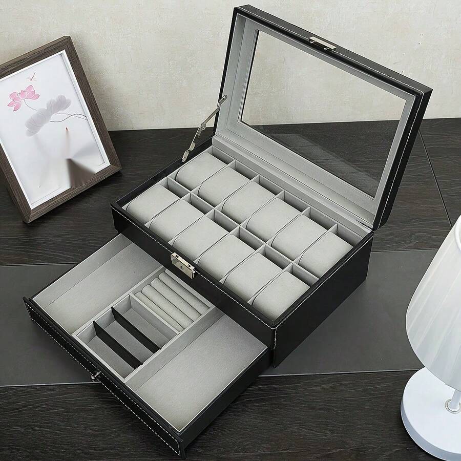 12-Slot Drawer Watch Display Box With Glass Cover, Dual Layer Jewelry And Watch Storage Case, Unisex, Black