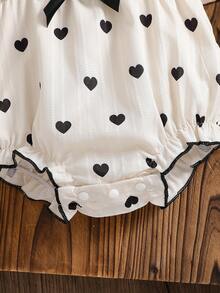 2 piezas Conjunto de ropa casual de verano para niñas bebé: Body sin mangas con estampado de corazón y ribete de volantes, diadema con decoración de lazo de cinta - Albaricoque - Ver 7