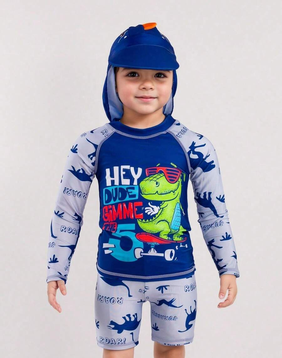 Traje de baño para niños pequeños de tres piezas con estampado dinosaurio (camisa,short,gorro) para vacaciones de verano playa piscinas - Multicolor - Ver 1
