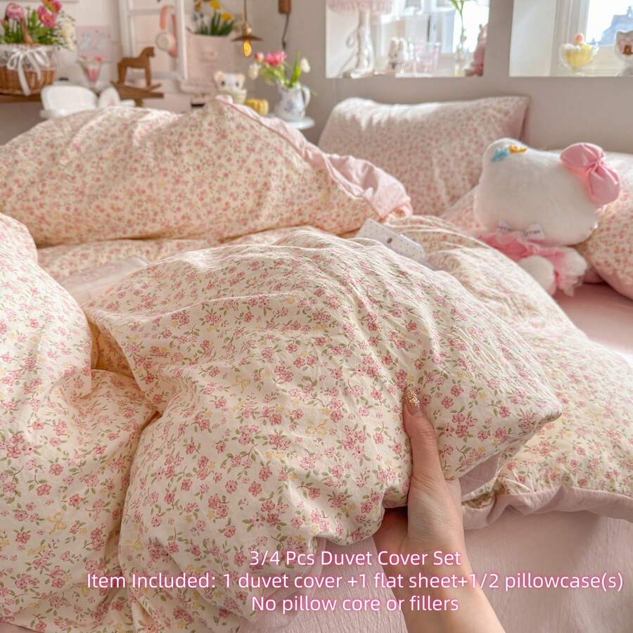 Bộ ga trải giường họa tiết hoa hồng màu hồng, bộ đồ giường phong cách đồng quê nữ tính, ga trải giường họa tiết hoa đào có khóa kéo, bộ đồ giường phong cách đồng quê cổ điển, bộ ga trải giường mềm mại trang trí, bao gồm 1 ga trải giường + 1 ga phủ + 1/2 vỏ gối, không bao gồm chăn bông. - Hoa Nhan - Xem 1