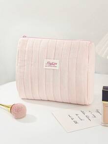 Pink Striped Quilted Makeup Bag Portable Storage Bag With Zipper Handheld Bag Travel Washbag Large Opening Zipper Design Makeup Bag - Pink - View 11