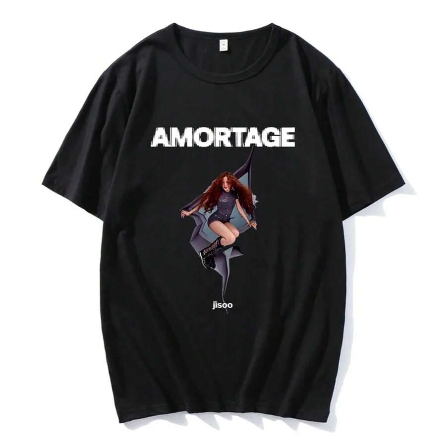 Camiseta de streetwear de la cantante coreana JISOO AMORTAGE, ropa de hombre, camisetas de hip hop, camisetas casuales de algodón para hombres y mujeres, camisetas de moda hip hop - Negro - Ver 1