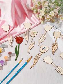 12pcs/24pcs/30pcs Wooden Flower Decor Pieces, Rose Design And Spring Floral Theme. These Decorative Pieces Can Be Used To Make Wooden Holiday Gifts, Suitable For Christmas, New Year, Thanksgiving, Easter, Valentine's Day, Birthday, Wedding Party Decoration, Home Decor, Outdoor Decor, And Also As Craft Supplies. - Multicolor - View 4