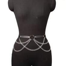 1件时尚流苏链性感身体饰品，朋克风可调节PU皮革腰链/腰带，休闲百搭，四季皆宜 - 黑色 - 查看 3