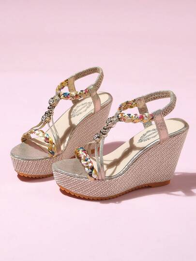 4.1 Inch High Wedge Heel Sandals, Glitter Floral Criss-Cross Strap Thick Sole Sandals Suitable For Vacation