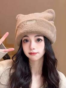 1pc Cute Cat Ear Plush Hat, Warm Knitted Earmuff Hat For Autumn/Winter, Fashionable & Versatile Plush Bear Ear Beanie - Black - View 3