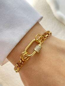 1 PC Gold Initial Letter Bracelet, Luxury Gold Sky Blue Oval Clasp And White Stone Clasp Bracelet, Stainless Steel Chain, For Work, Daily Life, Parties, Banquets, Dance Party Decoration, Unique And Luxurious Women's Bracelet - Yellow Gold - View 13