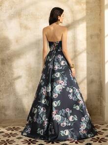 Faeriesty Elegant Strapless Floral Print Maxi Dress, High Slit Design, Backless Tie, A-Line Flowy Skirt, Suitable For Wedding Guest, Formal Photoshoot, Romantic Evening, Garden Party, And Bridal Shoot Vacation Spring Black - Black - View 8