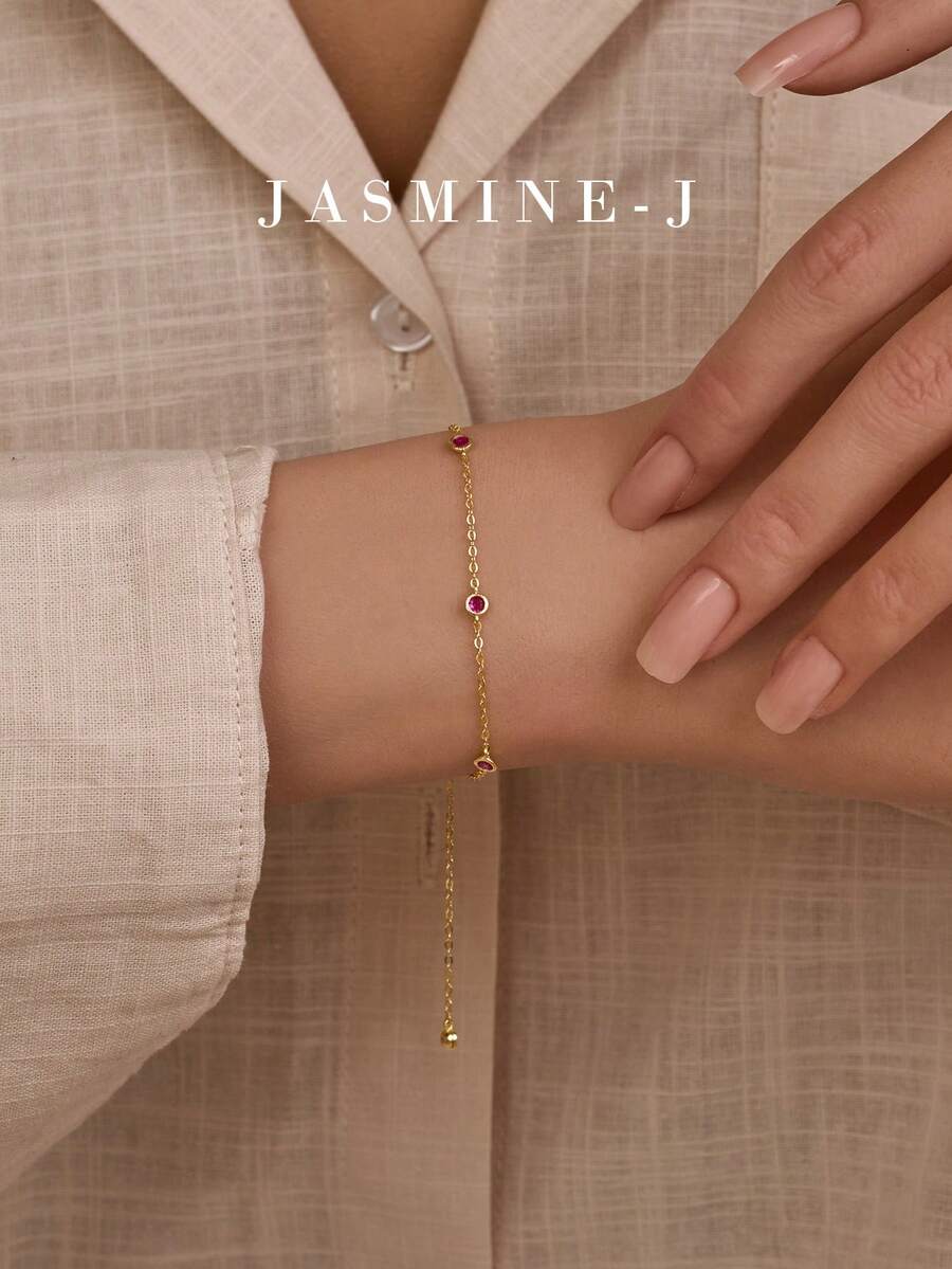 1pc S925 Sterling Silver Five-Diamond Chain Bracelet Features A Red Sapphire And Gold Accents. A Simple Yet Elegant High-End Jewelry Bracelet, Suitable For Everyday Wear By Women, It Makes A Perfect Gift. - Multicolor - View 1