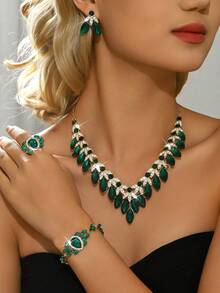 Bộ trang sức hợp kim kẽm tối giản, cách điệu phong cách Âu Mỹ (4/5 món/set) đính pha lê, dây chuyền nữ, phụ kiện váy dạ hội, váy cưới. - màu xanh lá - Xem 12