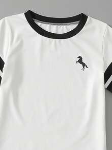 女童短袖百褶裙两件套，小马印花图案，简约设计，清新甜美日常穿搭 - 白色 - 查看 7