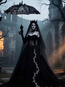 1pc Gothic Lace Parasol, Romantic Princess Umbrella For Bridal, Wedding, Holiday Party, Dance Props - Elegant Black Lace Parasol And Fan Set With Floral Pattern, Suitable For Wedding And Halloween Costume Accessories, Photography, Wedding Supplies - Black - View 2