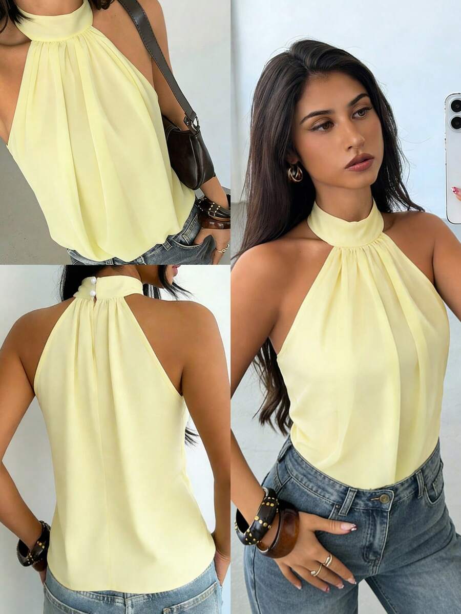Áo kiểu nữ màu trơn mới, chất liệu chiffon hai lớp, không tay, cổ yếm, thanh lịch, thích hợp đi làm, đi nghỉ mát, đi biển, du lịch mùa hè. - Màu vàng - Xem 1