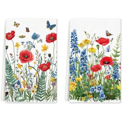 2pcs Flower Kitchen Towel Set Of 2, Spring And Summer Red Poppy And Butterfly Yellow Daisy Lupinus Towel 40.64x60.96cm Dry Rag, Farmhouse Home Decoration In Spring.