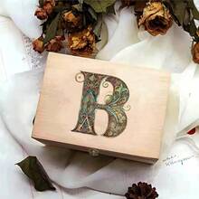 Caja de almacenamiento de madera para escritorio, embalaje de regalos de mayor calidad, estuche de joyería, organizador de almacenamiento de madera Retro, patrón de letras gráficas - J - Ver 6