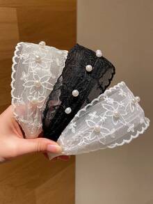 1件装女士时尚网纱花朵珍珠宽檐发箍，适合日常休闲佩戴、遮盖发际线、盘发及分叉发梢造型，是送给女友的百搭礼物，也适合季节性佩戴、节日及返校季，是一款发带、发箍等家居美发饰品。 - 彩色 - 查看 6