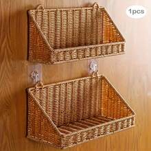 Woven Basket, Multipurpose Rustic Large Capacity Hanging Wall Basket Kitchen Organizer - Camel - View 5
