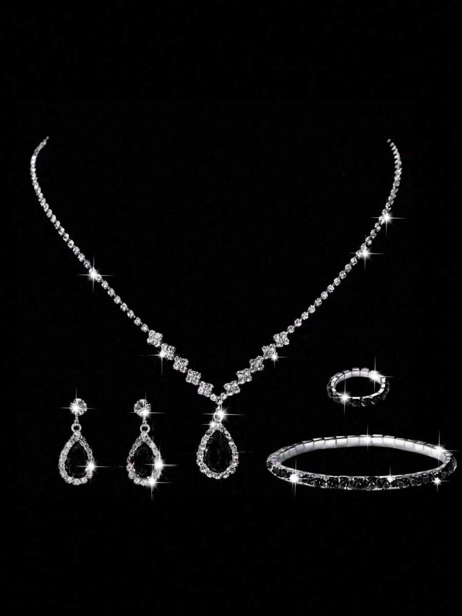 5件套闪亮水钻首饰套装，粉色Y2K时尚耳环、戒指、手链、项链组合，新娘婚纱配饰 - 黑色 - 查看 1