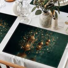 2/4/6/8pcs Round, Flower, Rectangular Ramadan Linen Placemats, 3pcs Copper-Tone Lantern, Star, Water Pattern Tabletop Decor, Arabic Festival Dining Table Decor, Tablecloth, Placemats, Coasters For Home Party, Kitchen - Multicolor - View 2