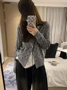Women Polka Dot Random Print Button Front Cardigan Sweater, Casual Autumn/Winter Tops Vacation - Grey - View 5