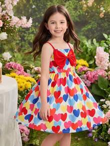 Young Girls' Valentine's Day Cute Bow & Heart Print Camisole Dress - Multicolor - View 4