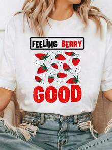 Women Unisex Strawberry Graphic T-Shirt Feeling Berry Good Red Strawberry Print Soft Breathable Lightweight Crew Neck Short Sleeve Tee - White - View 2