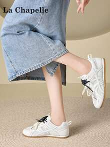 1 Pair La Chapelle Women's Thick Sole Lace-Up Soft Bottom Casual Shoes, Low-Top Outdoor Flat Shoes For Summer, Round Toe Low Heel Non-Slip Solid Color Elegant Soft Bottom Hiking Suitable For Students Graduation Photos Flat Shoes, Women Low-Top Leather Sneakers - Beige - View 6