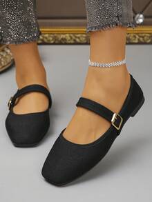 Zapatos planos con puntera cuadrada y lentejuelas de talla grande UE35-43, de uso diario con diseño deslizante, adecuados para vestidos, disponibles en múltiples colores y patrones, para primavera/otoño - Tela negra con líneas finas. - Ver 5