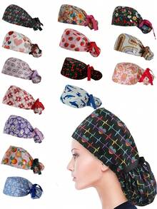 女士手术帽 女士马尾辫手术帽，带纽扣和丝带系带，可调节护士帽，情人节礼物