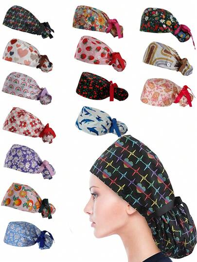 Women's Surgical Cap Women's Ponytail Surgical Cap With Button And Ribbon Tie Adjustable Nurse Cap For Valentine's Day