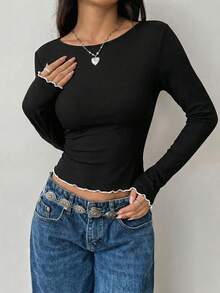 [Backless Lace-Up Design, Contrast Ruffle Cuffs] Fitted Long Sleeve Round Neck Top, Made Of Ribbed Knit Fabric, Solid Black. Perfectly Blends Sweet And Edgy Styles, Suitable For Spring/Autumn Dates, Shopping, Parties, And Everyday Wear. - Black - View 9