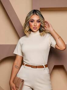 Blusas T-shirt Gola Alta Blusa  Feminina Gola Alta em Ribana Camiseta básica 100% Algodão Premium - Off - Visão 5