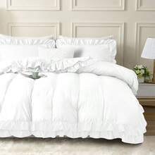 3-Piece Ruffle Frilled Duvet Cover Set – Comfortable Bedding Set With Pillowcases, Secure Button Closure, Elegant Layered Ruffle Design Quilt Cover For Bedroom And Guest Room - Beige - View 7