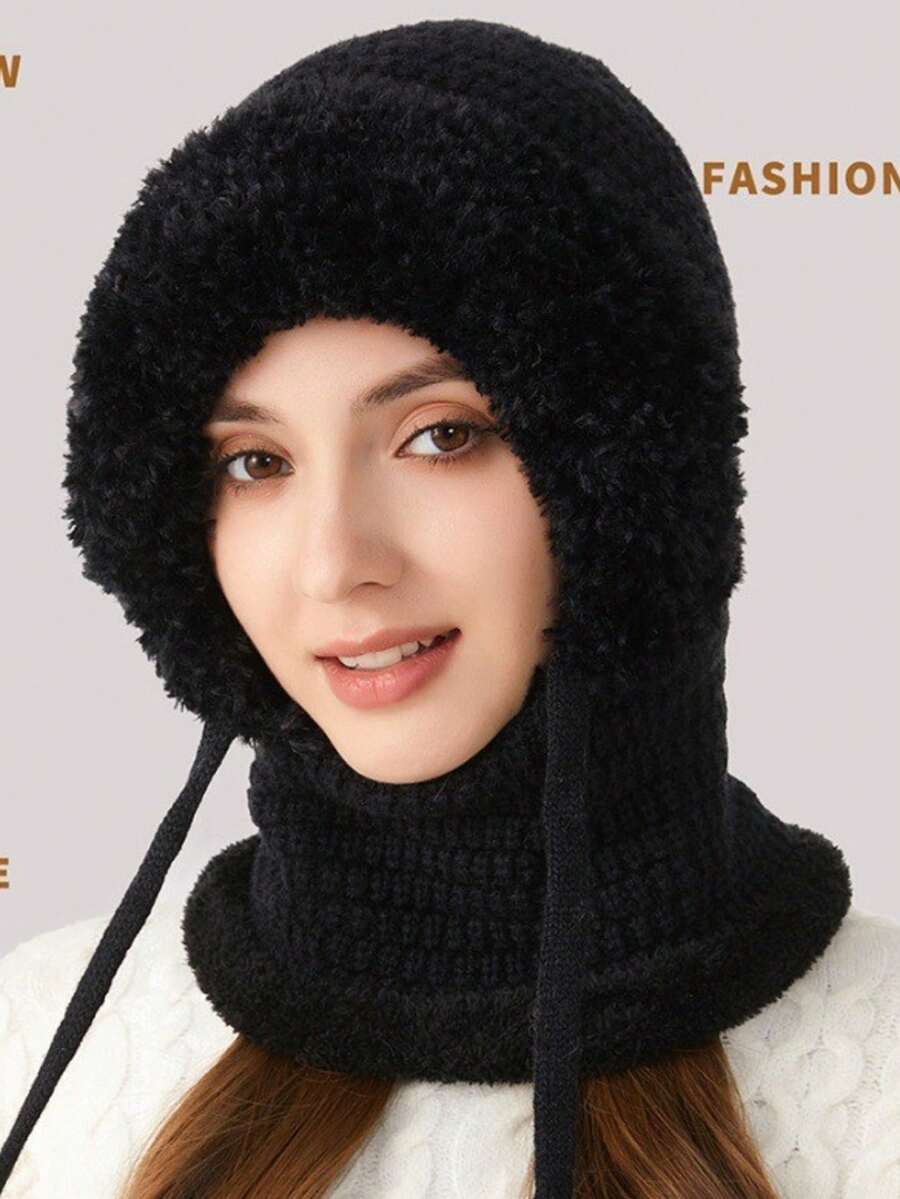 1pc Women Solid Color Cute Balaclava Hat, Winter Ear Warmer Hat With Face Mask Knitted Scarf, Suitable For Daily Wear - Multicolor - View 1