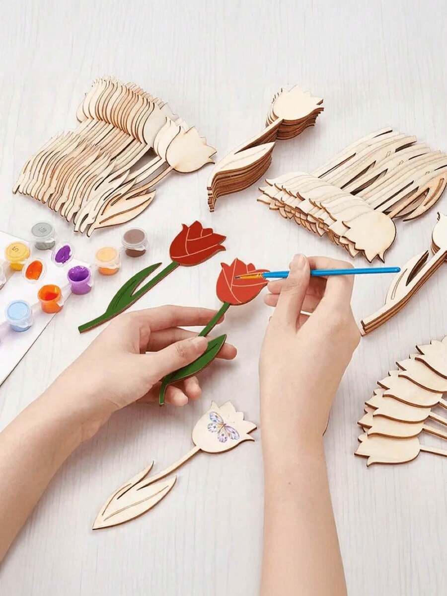 12pcs/24pcs/30pcs Wooden Flower Decor Pieces, Rose Design And Spring Floral Theme. These Decorative Pieces Can Be Used To Make Wooden Holiday Gifts, Suitable For Christmas, New Year, Thanksgiving, Easter, Valentine's Day, Birthday, Wedding Party Decoration, Home Decor, Outdoor Decor, And Also As Craft Supplies. - Multicolor - View 1